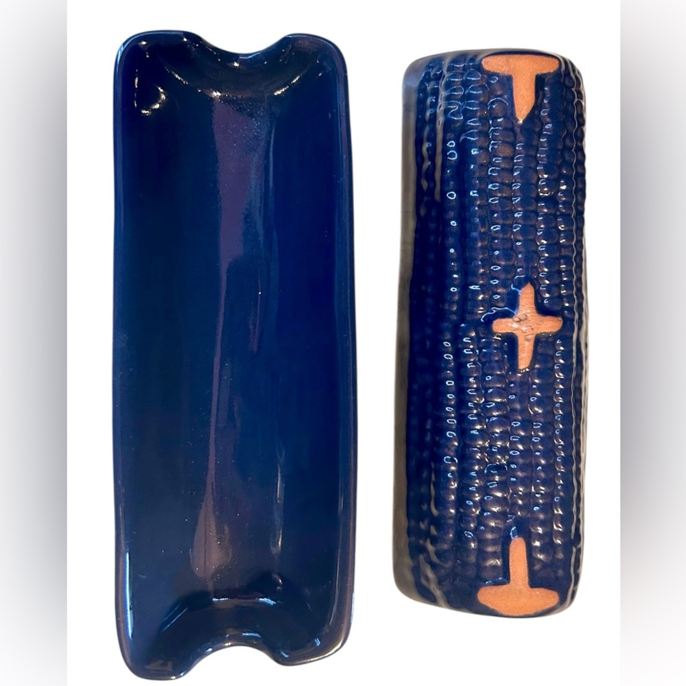 Set of 6 Vintage Frankoma Corn Cob Dish Tray Navy Blue Glazed